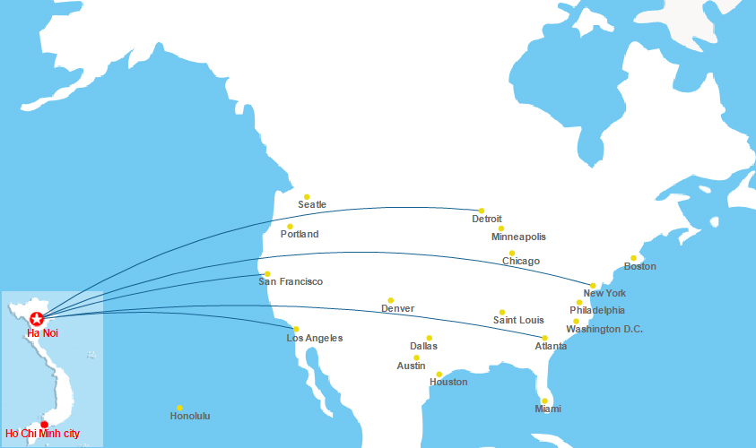 Bản đồ đường bay từ Việt Nam sang Mỹ